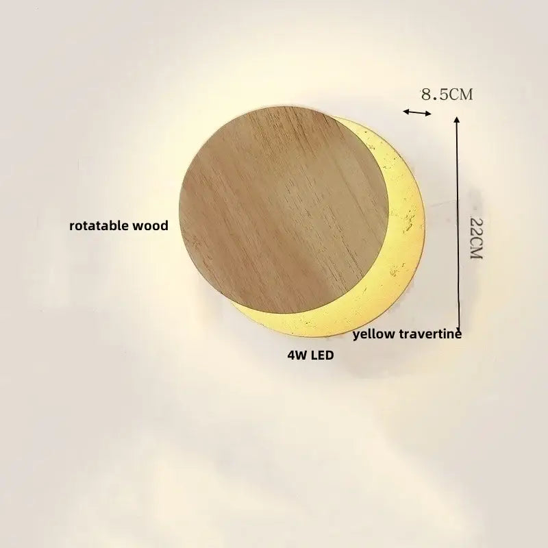 Yellow travertine circular led wall lights with rotatable wood disc illuminated by 4w led for bedroom decorbites wall lights