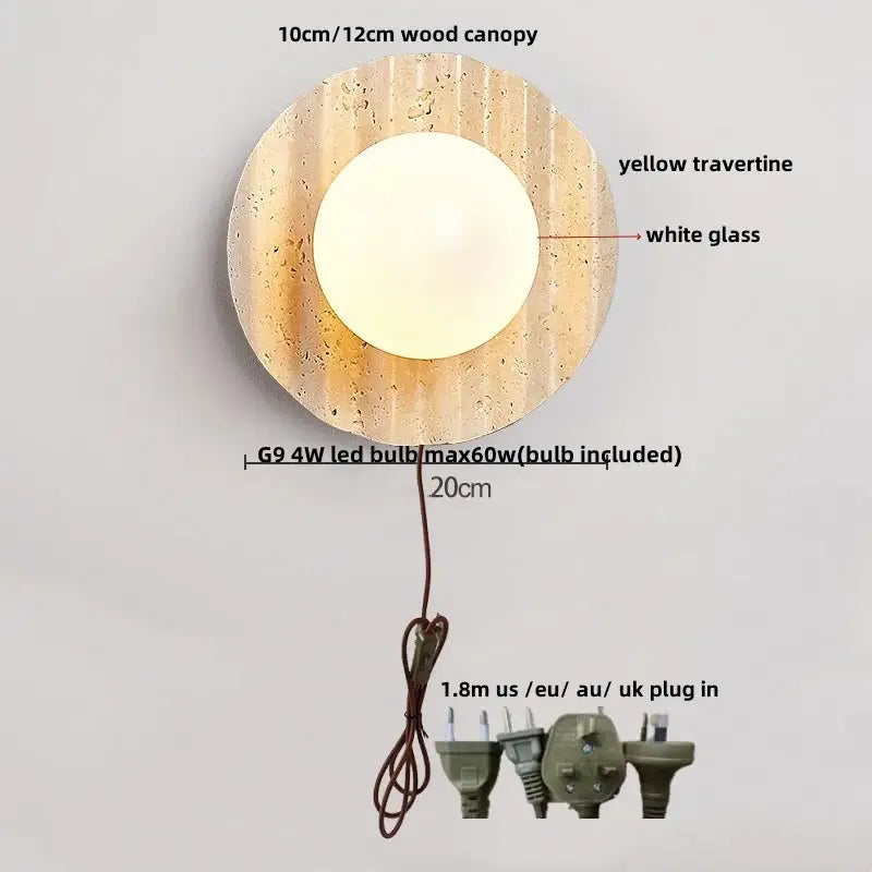 Yellow travertine circular led wall lights with textured wood canopy and white glass bulb for bedroom decorbites led wall lights