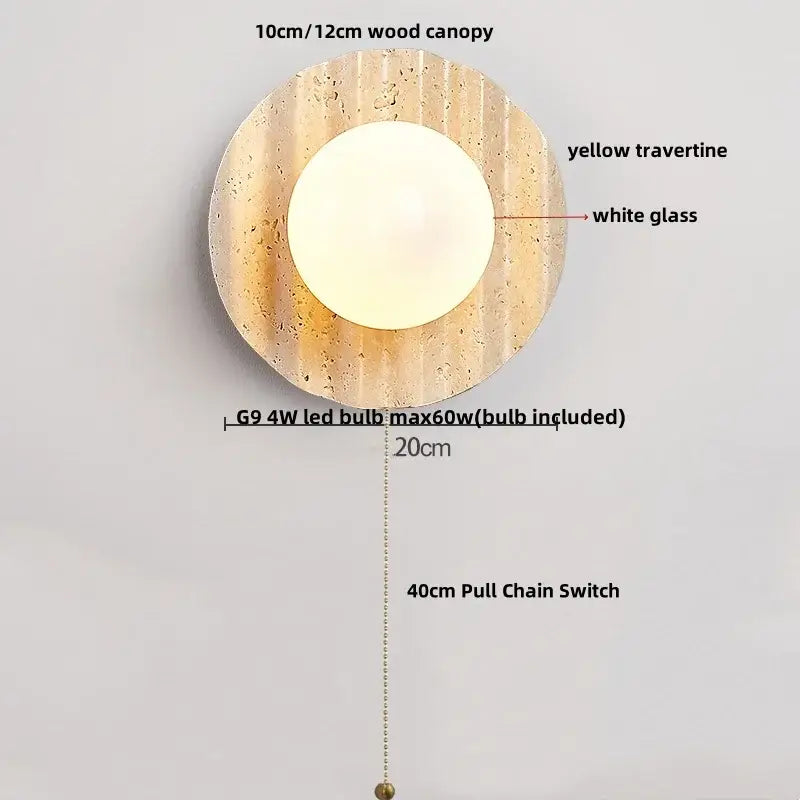 Yellow travertine circular led wall lights with textured wood canopy white glass globe and 40cm pull chain switch
