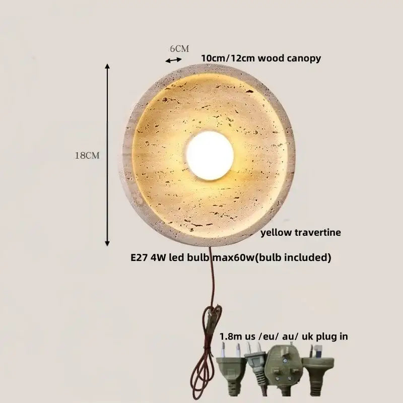 Yellow travertine circular led wall lights with 18cm diameter and e27 led bulb for bedroom sconce decorbites led wall lights