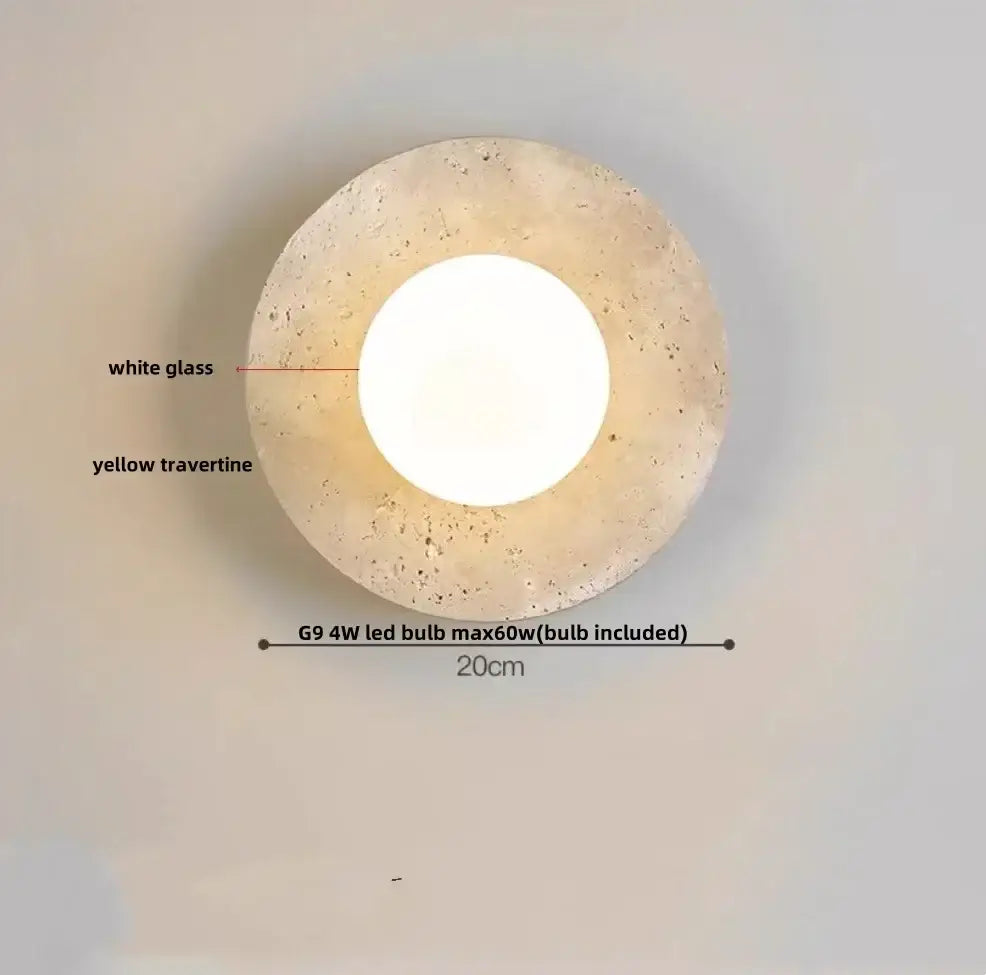 Yellow travertine circular led wall lights with textured outer ring and smooth white glass center for bedroom decorbites LED wall sconce set