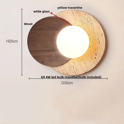 Yellow travertine circular led wall lights with warm white glass bulb framed by dark wood for bedroom decorbites led wall use