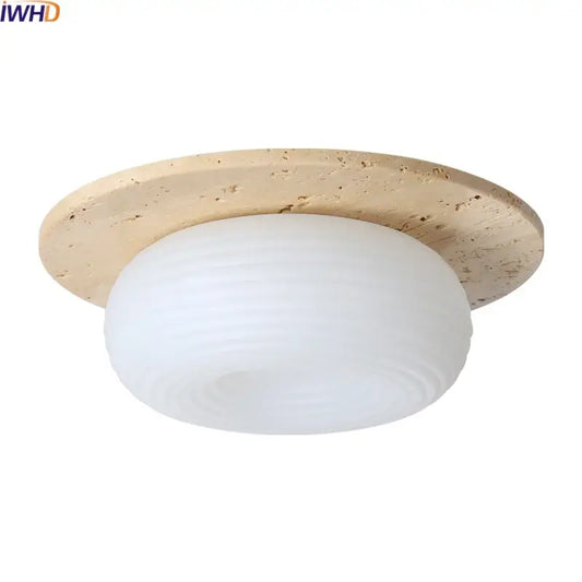 Beige stone and frosted glass led ceiling lamp with yellow travertine design for living room lighting
