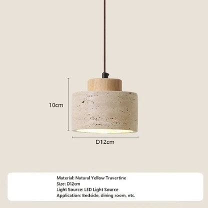 Minimalist pendant light with a cylindrical concrete shade and wooden top featuring yellow travertine stone