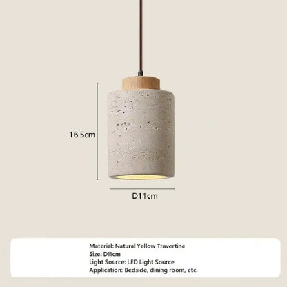 Cylindrical yellow travertine stone pendant light with wooden top suspended by dark cord for kitchen use