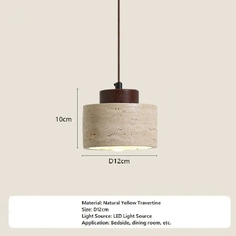 A cylindrical yellow travertine stone pendant light with a dark brown wooden top suspended by a thin cord