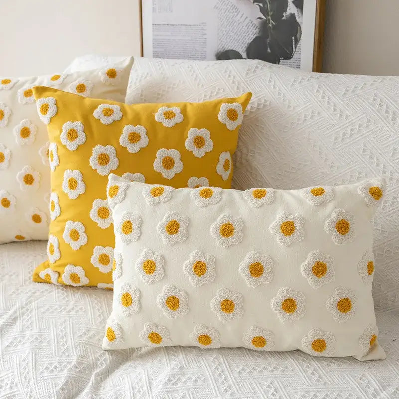 Yellow and white embroidered flora cotton pillow cover with textured raised floral embroidery for bedroom sham