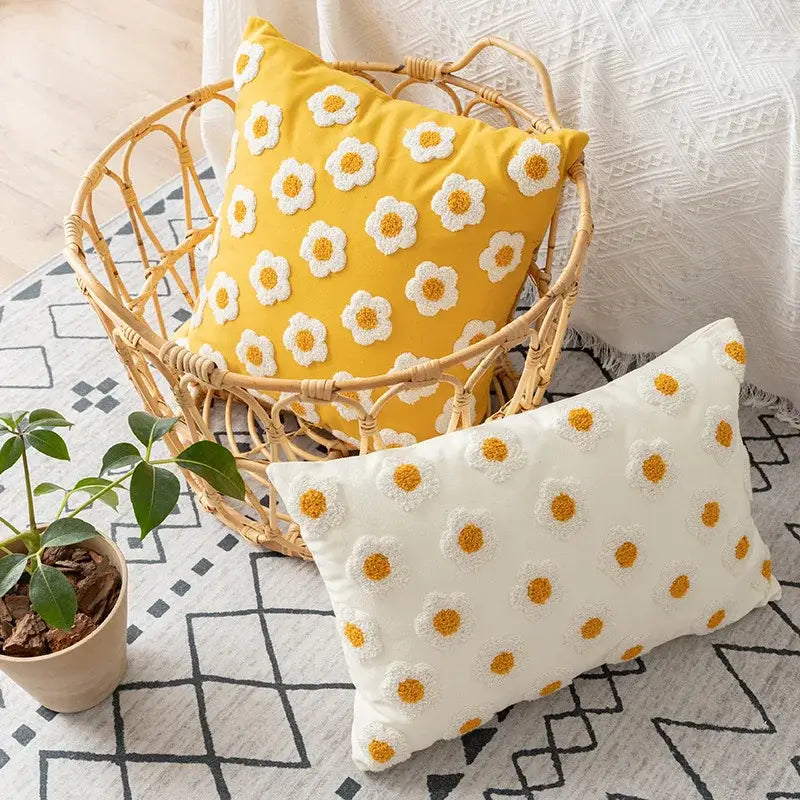 Yellow and white embroidered flora cotton pillow cover with textured daisy pattern for bedroom use