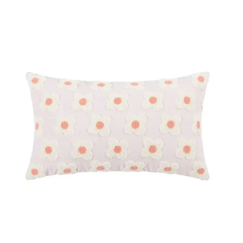Pastel lavender rectangular pillow cover with raised white and peach embroidered flora cotton design for bedroom sham