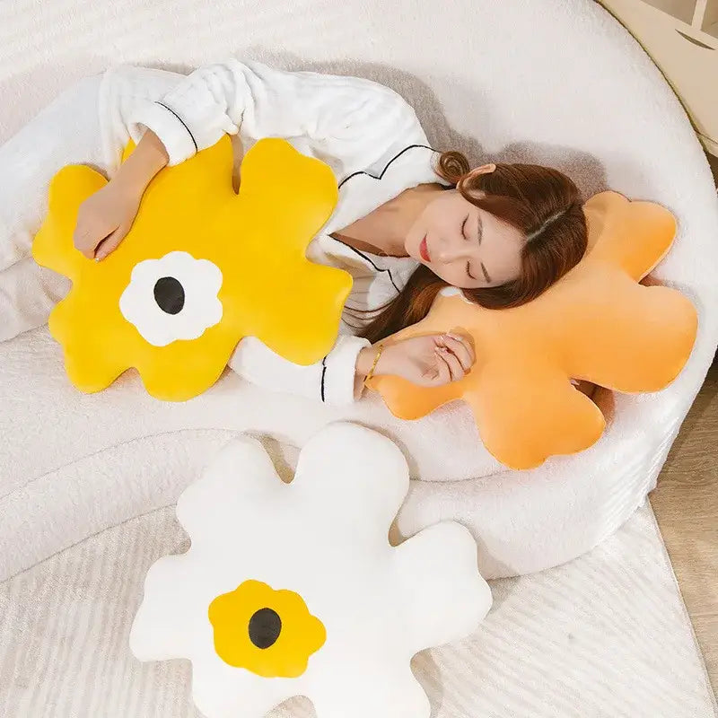 Yellow and white flower shaped decorative throw pillows with black centers for living room decorbites 3d flower design