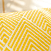 A vibrant yellow and white geometric embroidery canvas cushion cover with textured decorbites geometric embroidery design