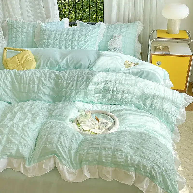 Mint green quilted duvet cover set with white ruffled edges and matching pillows in yellow and white bubble gauze cover set
