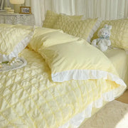 Pastel yellow quilted bubble gauze duvet cover set with white ruffled trim for bedroom bedding cover set