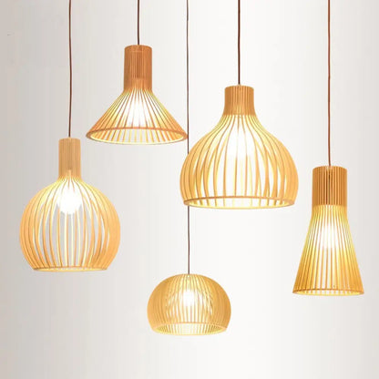 Yvette - Asian Bamboo Flared Pendant Lamp: Beige Hanging Light Fixture