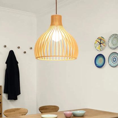 Yvette - Asian Bamboo Flared Pendant Lamp: Beige Hanging Light Fixture