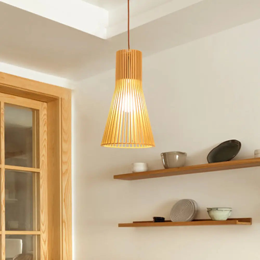 Yvette - Asian Bamboo Flared Pendant Lamp: Beige Hanging Light Fixture