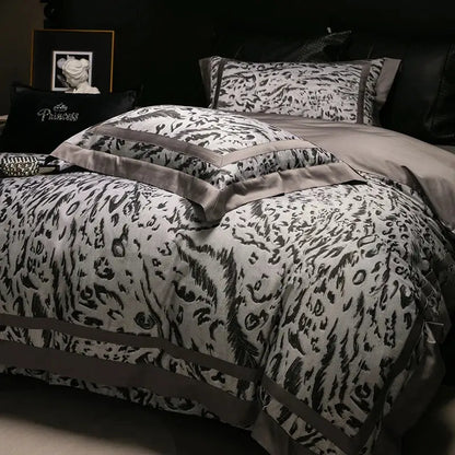 Black and white leopard print bedding set with gray satin trim by decorbites 1000tc egyptian cotton for bedroom decor
