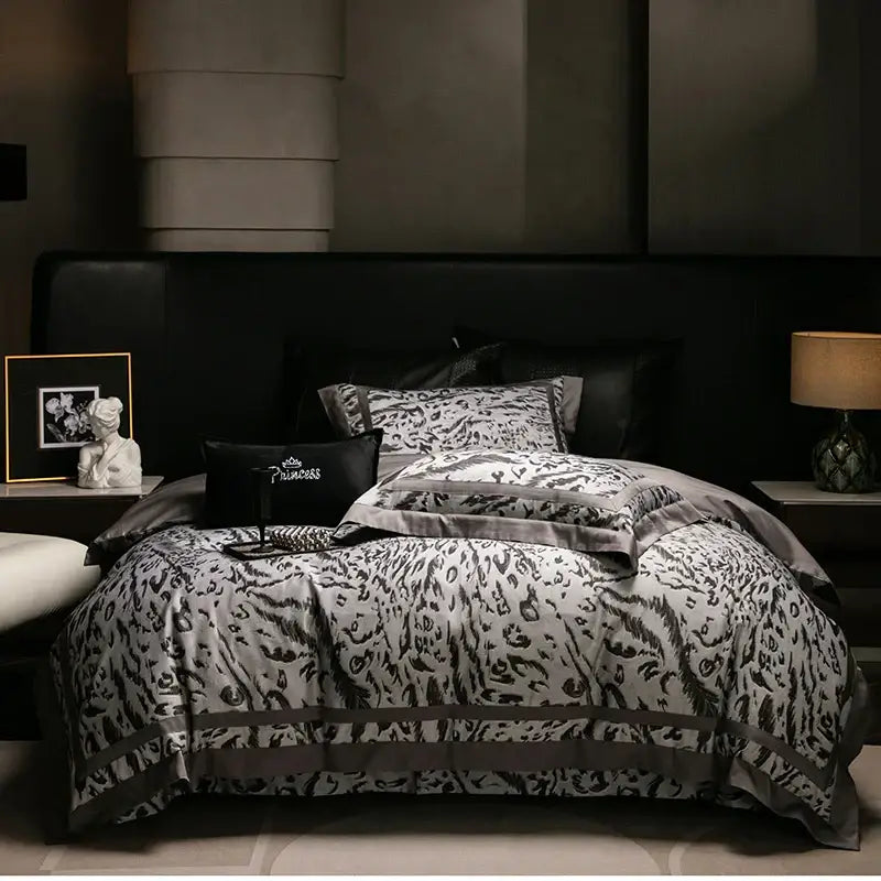 Black and white leopard print bedding set with gray satin trim from decorbites 1000tc egyptian cotton collection