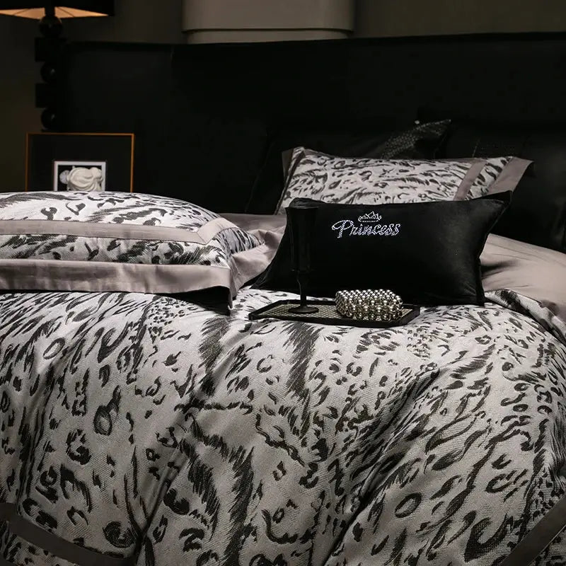 Black satin pillow with princess embroidered in silver thread and crown on zebra print decorbites 1000tc egyptian cotton bedding set