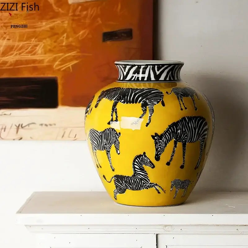 Bright yellow ceramic zebra yellow vase with black and white zebra illustrations and artificial flowers for desk decoration
