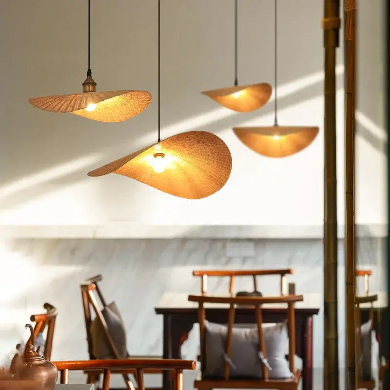 Warm-toned handwoven bamboo zen tea room chandelier with natural texture and subtle radial patterns for dining rooms