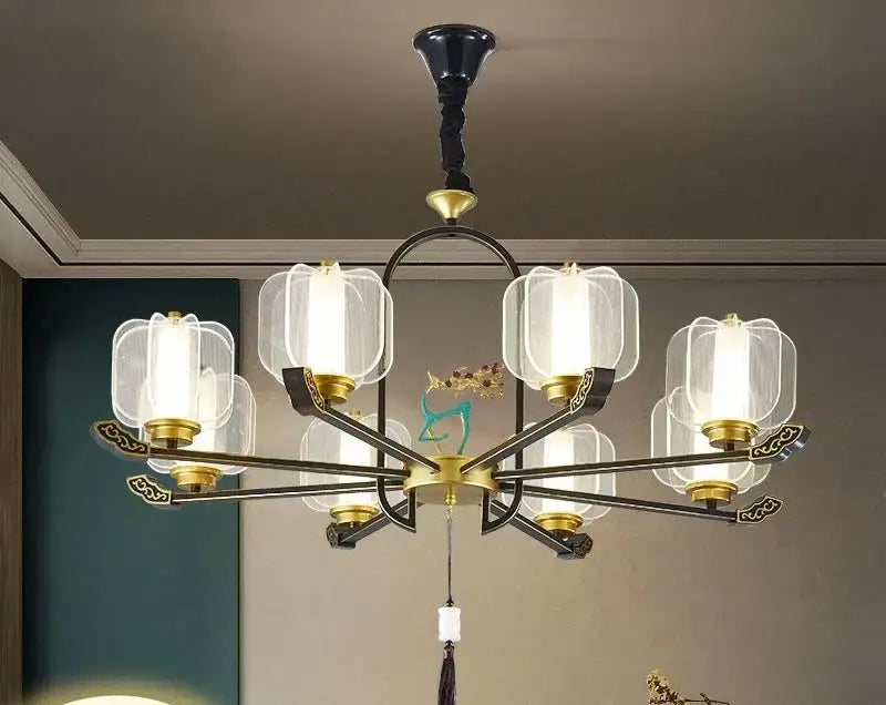 Modern zen black and gold deer enamel pendant light with eight clear glass lantern shades on ornate metal arms chandelier