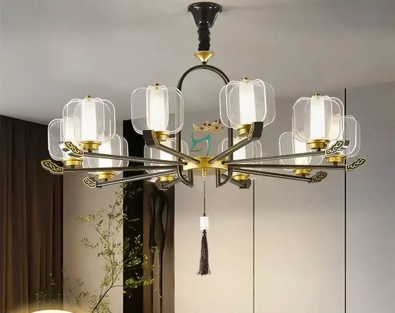 Zen black and gold deer enamel pendant light with black and gold frame clear glass shades and ornate tassel decorbites deer enamel chandelier