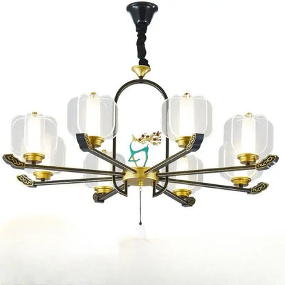 Zen black and gold deer enamel pendant light with a black and gold frame and turquoise decorbites deer enamel figurine