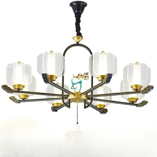 Zen black and gold deer enamel pendant light with a black and gold frame and turquoise decorbites deer enamel figurine