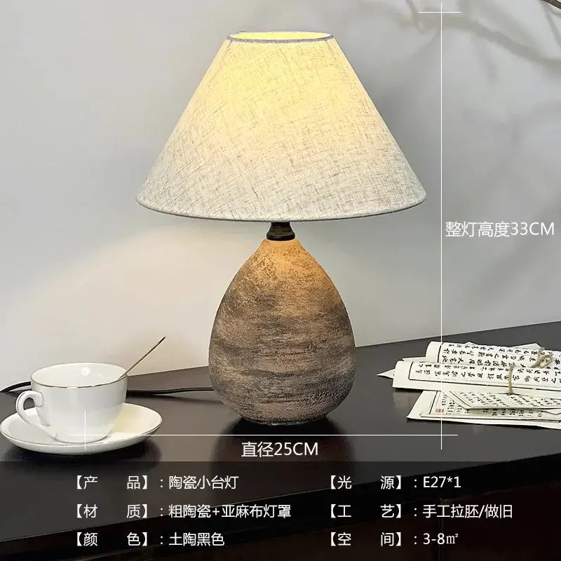 Rustic teardrop shaped decorbites ceramic jar led table lamp with textured matte finish and off white linen shade for living room