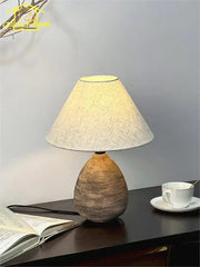 Earthy-toned decorbites ceramic jar led table lamp with textured teardrop base and beige linen shade for living room decor