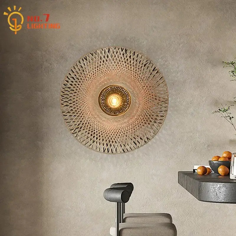 Zen natural bamboo weaving wall lamp with circular design and warm light for living room wall lamp decor