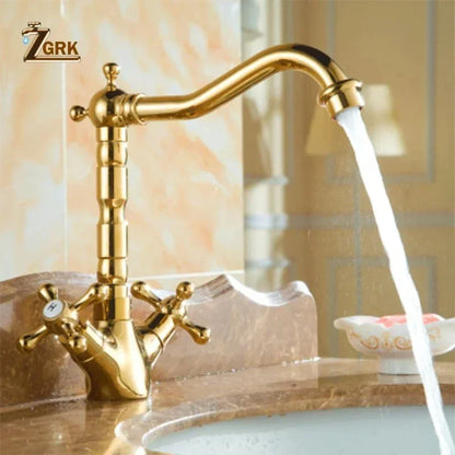 Gold-colored brass zgrk dual handles basin faucet with ornate cross handles deck mounted single hole mixer tap