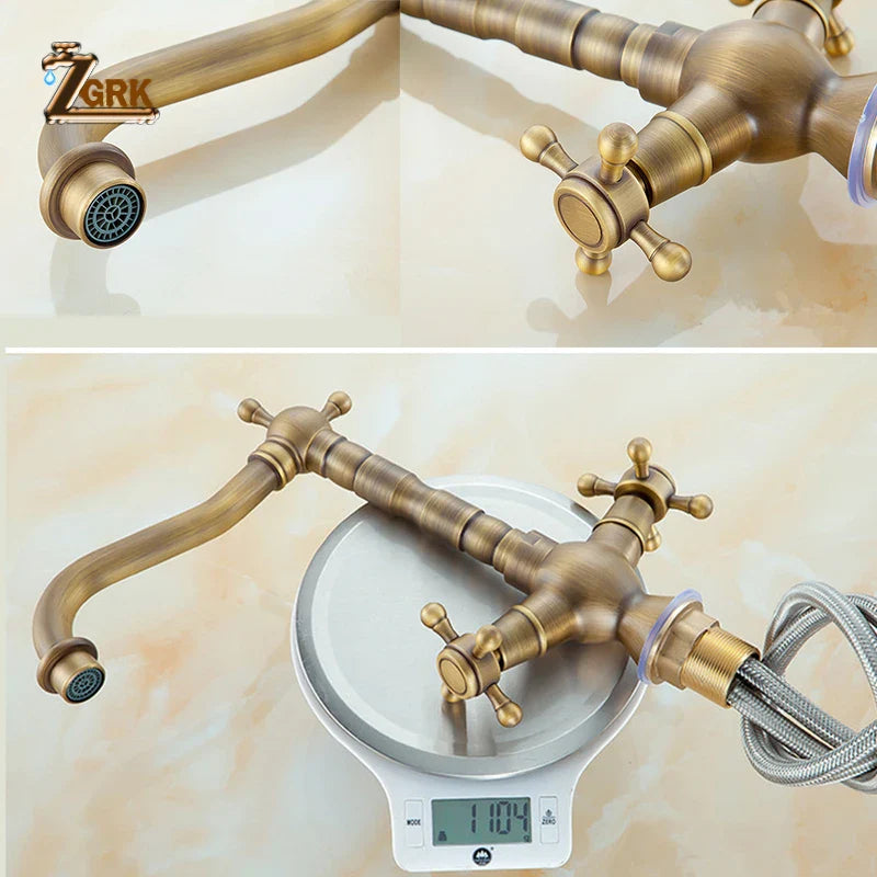 Antique brass finished deck mounted farmhouse kitchen faucet with cross handles and 360 rotation single hole design