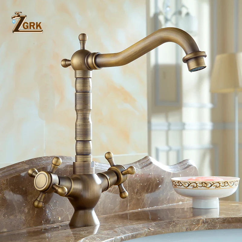 Antique brass deck mounted kitchen faucet with ornate cross handles single hole housing material brass bronze finish