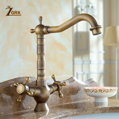 Antique brass deck mounted kitchen faucet with ornate cross handles single hole housing material brass bronze finish