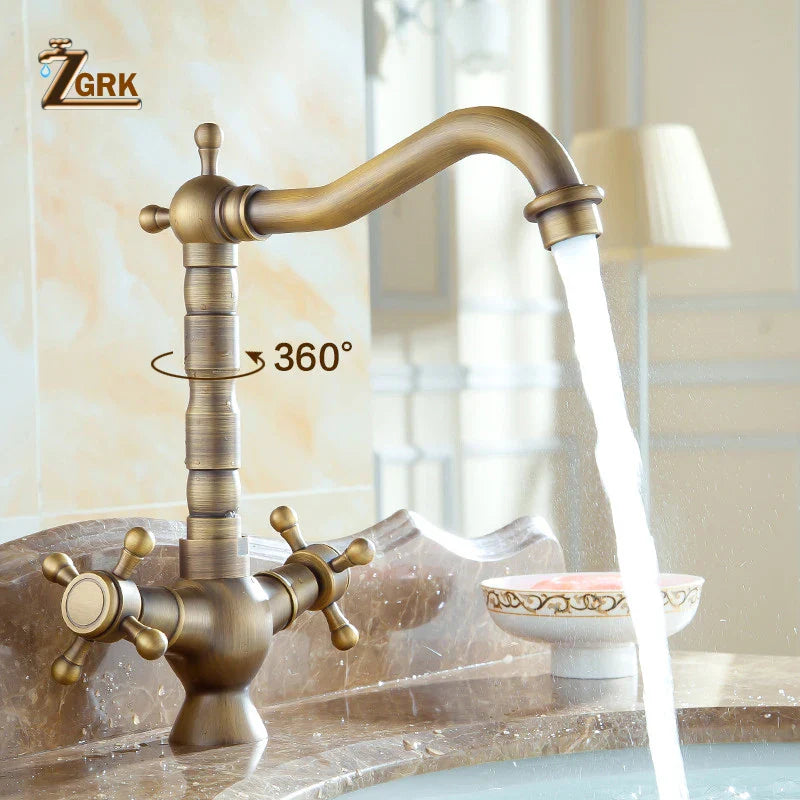 Antique brass zgrk deck mounted single hole basin faucet with dual handles and 360-degree swivel spout housing material