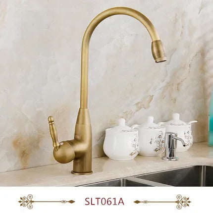 Antique brass kitchen faucet single hole mixer tap with curved spout and ornate handle for vessel sink deck mounting