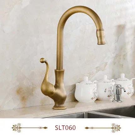 Antique brass kitchen faucet with curved spout and ornate handle single hole mixer tap for vessel sinks