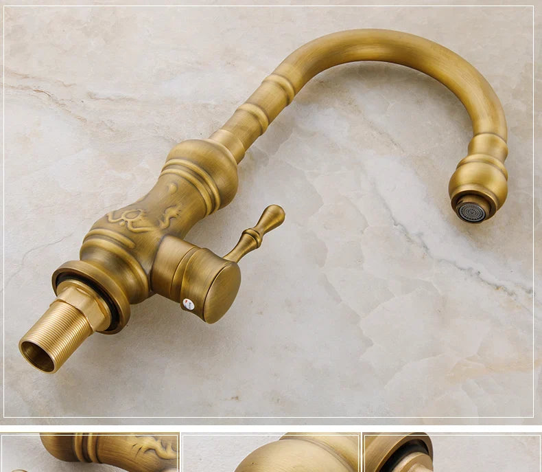 Antique brass kitchen mixer tap with single hole deck mounted design and 360 degree rotation curved spout housing material