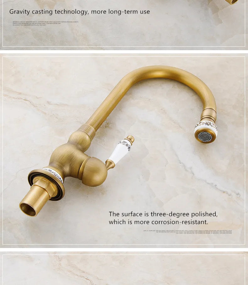 Antique brass kitchen faucet deck mounted with curved spout white ceramic handles single hole housing material design