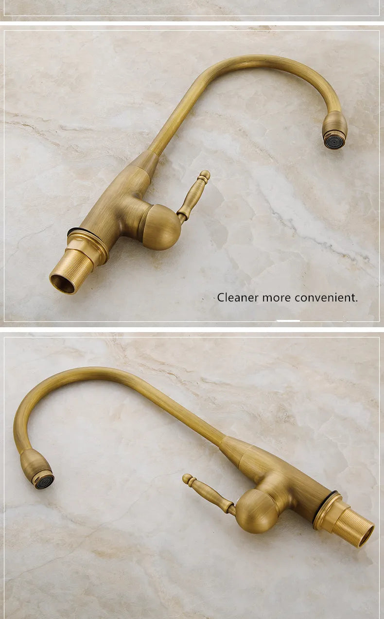 Antique brass single hole kitchen mixer tap with curved spout and decorative knob made of durable housing material