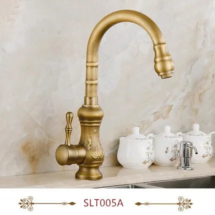 Antique brass kitchen faucet with single hole design and housing material featuring 360 degree mixer tap rotation