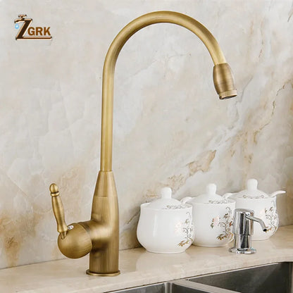 Antique brass zgrk single hole kitchen mixer tap with high-arc spout and ornate handle made of durable housing material