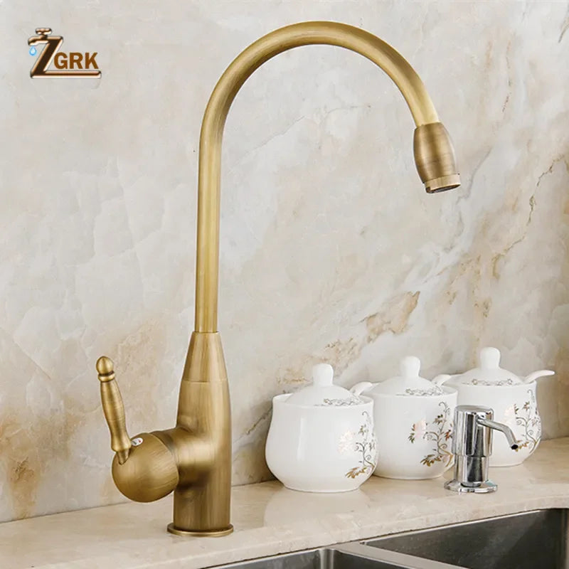 Antique brass zgrk single hole kitchen mixer tap with high-arc spout and ornate handle made of durable housing material