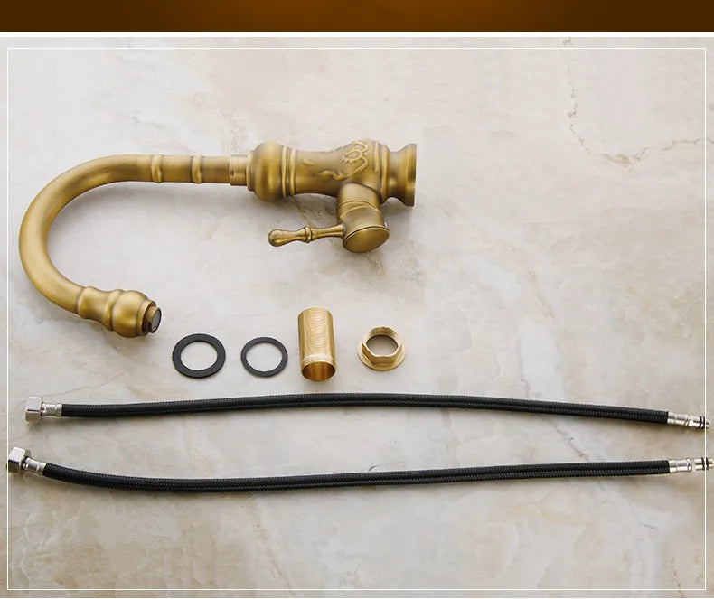 Antique brass kitchen faucet with ornate detailing deck mounted single hole mixer tap with installation hardware
