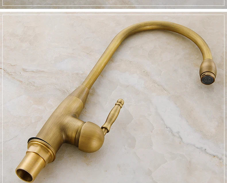 Antique brass kitchen faucet with curved spout ornate handle deck mounted single hole housing material mixer tap
