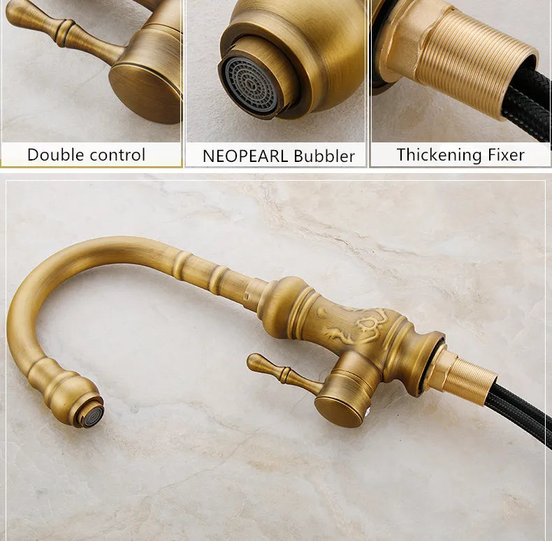 Antique brass deck mounted kitchen faucet with ornate detailing single hole design and neopearl bubbler spout rotation spray