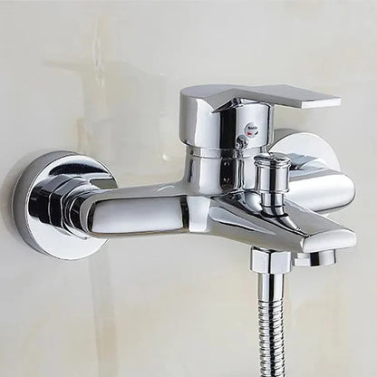 Chrome-finished zinc alloy wall-mounted bathtub faucet with sleek modern design and integrated cold water shower hose