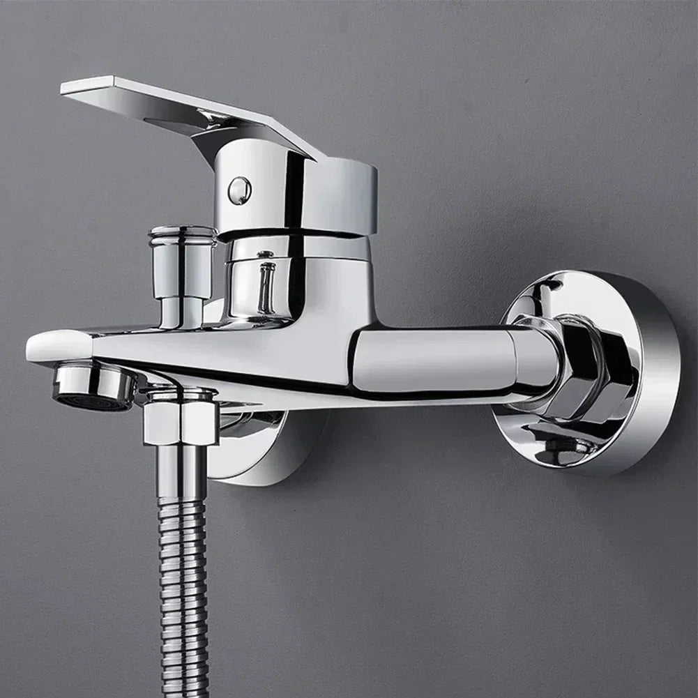 Chrome-finished zinc alloy wall-mounted bathtub faucet with dual spout mixer tap and flexible shower hose for cold water use